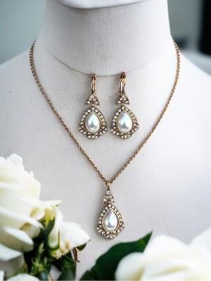 Fayra Accessories Kristal Taşlı Antik Bronz Su Damlası Kolye ve Küpe Seti