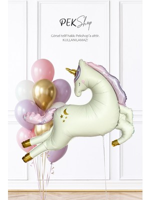 Pekshop Krem Büyük Unicorn ve Pembe Gold Balonlar Balon Seti SET255