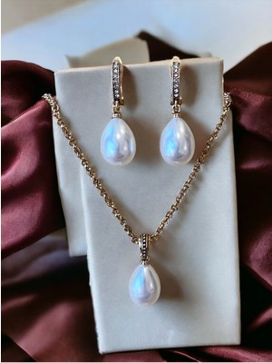 Fayra Accessories Zirkon Taşlı Mayorka Inci Kolye ve Mayorka Inci Küpe Seti