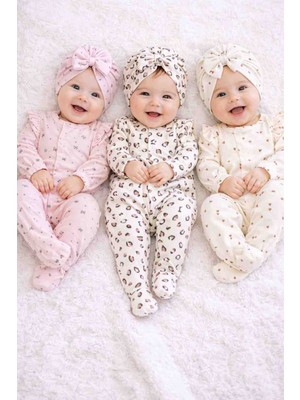 UmBaby Leopar &kalp & Fiyonk Desen 3 Bone 3 Bebek Tulum %100 Pamuk