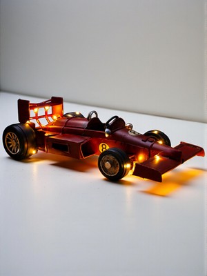 Hediye Fikri Kişiye Özel LED Işıklı  Retro Formula Yarış Arabası Metal Dekor  20 cm