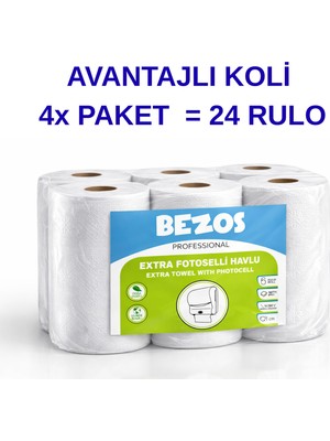 Esranın Dünyası Bezos Professional Fotoselli Havlu 24 Rulo – 2 Katlı %100 Selüloz 21 cm Endüstriyel Kağıt Hav