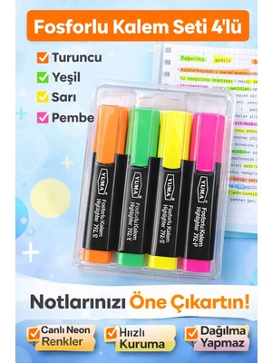 Yuma 792 Fosforlu Kalem Seti 4’lü – Neon Renkler Turuncu, Yeşil, Sarı, Pembe Highlighter