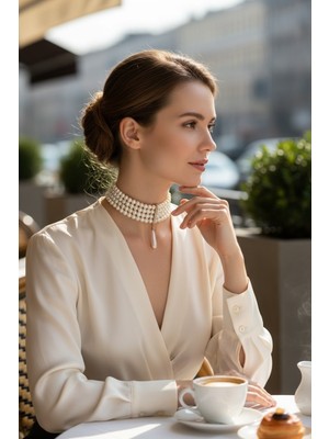 Fayra Accessories Zirkon Taşlı Su Damlası Inci Sallantılı Chooker Tasma Inci Kolye