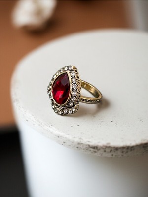 Fayra Accessories Kristal Taşlı Antik Bronz Su Damlası Yüzük