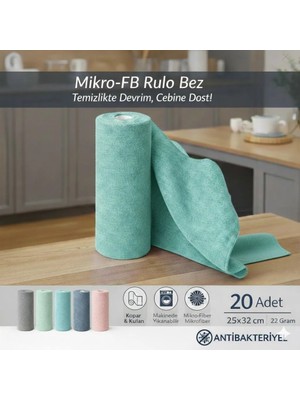 FB Cup (20'li Rulo) Mikro-Fb Çok Amaçlı %100 Mikrofiber Temizlik Bezi 25X32 Kopart Kullan Turkuaz