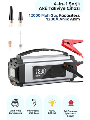 Robeve Pro Akü Takviye Şarj Cihazı 12000 Mah 1200A Akü Takviye Cihazı Akü Şarj Cihazı Lastik Şişirme Pompası 4in1 Jump Starter Araç Takviye Cihazı Akü Şarj Aleti Powerbank El Feneri Hava Kompresörü