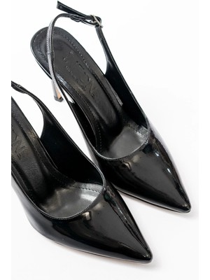 ST-1153 Siyah Rugan Günlük Arkası Açık 9 cm Topuklu Kadın Ayakkabı