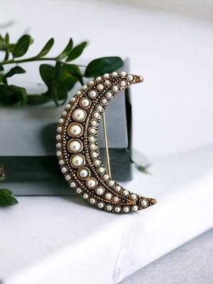 Fayra Accessories Inci Işlemeli Hilal Broş