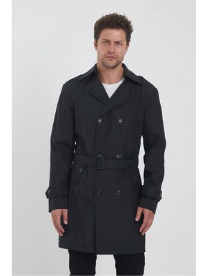 Trend Kombin Erkek Siyah Kruvaze Yaka Kemer Detaylı Slim Fit Trençkot