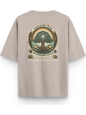 Overoz Tree Of Life Hayat Ağacı Sırt Baskılı Yarı Oversize Unisex Taş Rengi Tshirt 1399