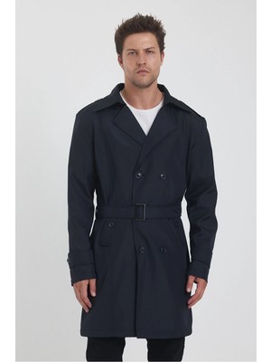 Trend Kombin Erkek Lacivert Kruvaze Yaka Kemer Detaylı Slim Fit Trençkot