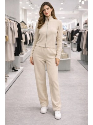 İnce Moda Giyim Premium Soft Touch Kadın Bol Paça Eşofman Altı (Bej & Gri)