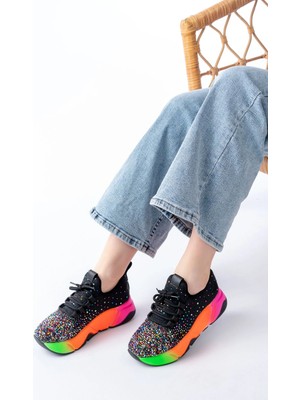 RS-403  Siyah Bağcıklı Fileli Multi Taşlı Renkli Taban Günlük Kadın Spor