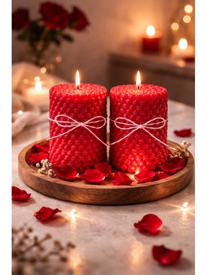 Odesia Premium Bubble Silindir Mum Seti – El Yapımı Kırmızı Dokulu Dekoratif Mum (2’li Set)