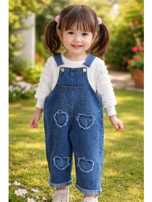 Aydede Kids Kız Çocuk Kalp Detaylı Kot Salopet ve Bluz Ikili Takım