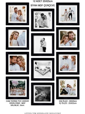 12 Adet 25X25 Çerçeve - Mdf Çerçeve - Fotoğraf Çerçevesi - Kare Çerçeve