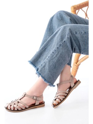 205-02 Bej Ortopedik Hakiki Deri Kadın Sandalet