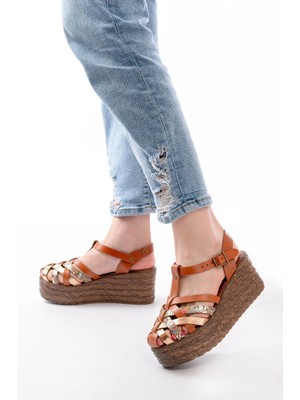 684-02 Taba Garni Ortopedik Hakiki Deri Dolgu Kadın Sandalet