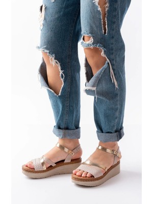 730-044 Bej Garni Ortopedik Örgü Desenli Hakiki Deri Dolgu Kadın Sandalet