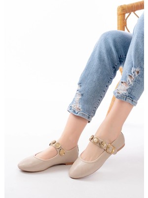 İNF-6363 Bej Baret Tokalı Günlük Bayan Ayakkabı