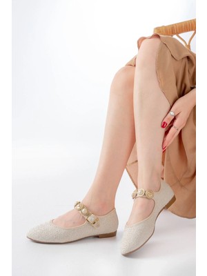 İNF-6363 Bej Havlu Desenli Baret Tokalı Günlük Bayan Ayakkabı