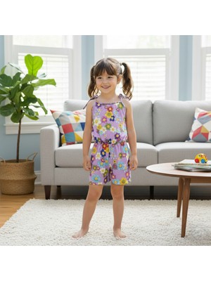 Buufuu Yazlık Dijital Baskılı Askılı Kız Çocuk Beli Lastikli Tulum Elbise