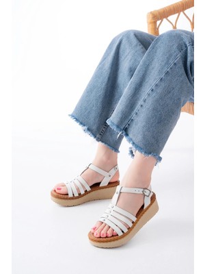 730-142 Beyaz Hakiki Deri Ortopedik Taban Kadın Sandalet