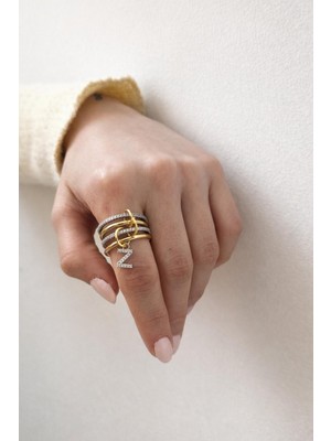 14K Çelik Üzeri Altın Kaplama 4 Sıralı Gold Gümüş Harfli Sipiral Yüzük 16(8) Numara