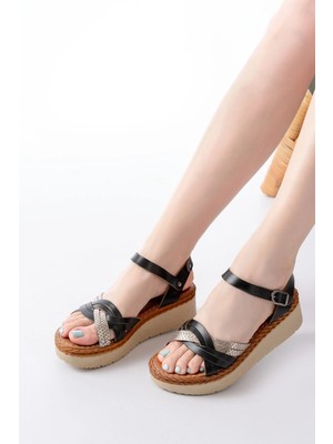 730-037 Siyah Ayna Hakiki Deri Ortopedik Taban Kadın Sandalet