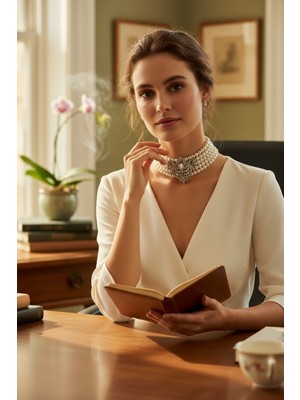 Fayra Accessories Zirkon Taşlı Choker Tasma Inci Kolye