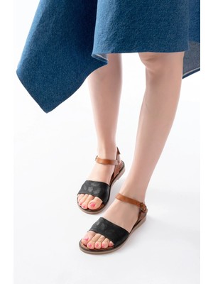 205-012 Siyah Ortopedik Hakiki Deri Kadın Sandalet