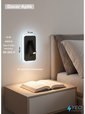 Yeo Aydınlatma Yatak Başı Modern Duvar Apliği - USB & Type-C Şarj Girişli Okuma Lambası