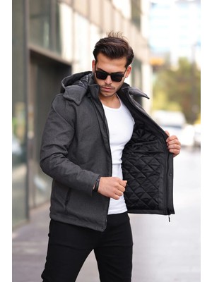 İnce Moda Giyim Erkek Antrasit Kapüşonlu Kapitone Astarlı Kışlık Mont