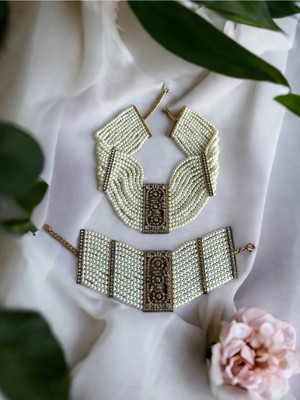 Fayra Accessories Kristal Taşlı Hasır Dizim Tasma Inci Kolye ve Inci Bileklik Seti