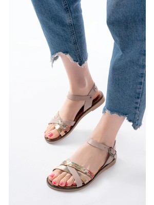 205-015 Bej Garni Ortopedik Hakiki Deri Kadın Sandalet