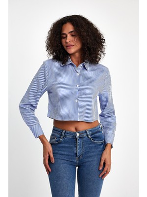 İhraç Pazarı Kadın Çizgili Crop Gömlek %100 Viskon Uzun Kollu Yazlık Şık Crop Gömlek