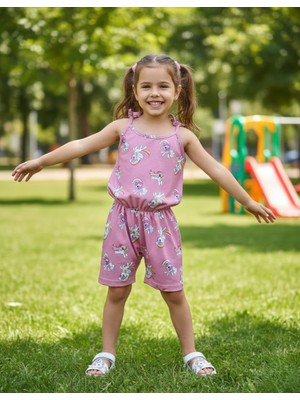 Buufuu Yazlık Dijital Baskılı Askılı Kız Çocuk Beli Lastikli Tulum Elbise