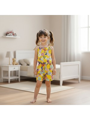 Buufuu Yazlık Dijital Baskılı Askılı Kız Çocuk Beli Lastikli Tulum Elbise