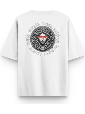 Overoz Medusa Sırt Baskılı Yarı Oversize Unisex Beyaz Tshirt 1398