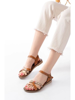 205-015 Taba Garni Ortopedik Hakiki Deri Kadın Sandalet