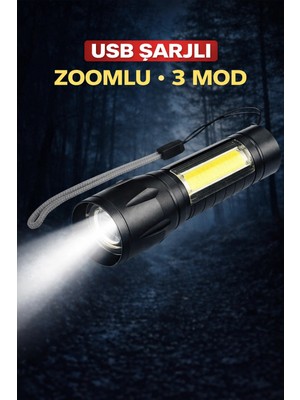 Aesco USB Şarjlı Zoomlu Mini El Feneri Q5 Güçlü Işık Yan Cob LED Sos Mod Kutulu Taşınabilir