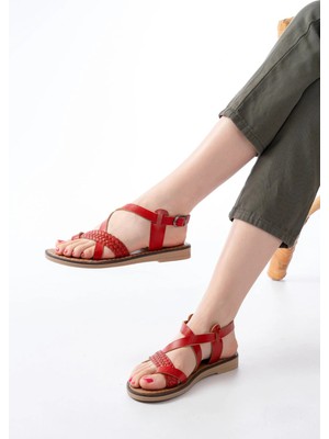 205-09 Kırmızı Ortopedik Hakiki Deri Kadın Sandalet