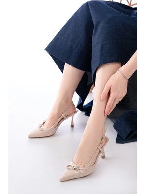 İNF-2300 Bej Rugan Günlük Arkası Açık Fiyonklu Topuklu Bayan Ayakkabı