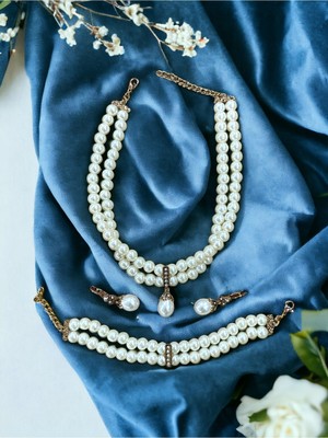Fayra Accessories Kristal Taşlı Inci Tasma Kolye Inci Küpe ve Inci Bileklik Seti