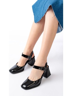 İNF-40450 Siyah Rugan Günlük Arkası Açık Topuklu Bayan Ayakkabı