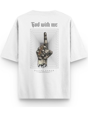 Overoz God With Me Sırt Baskılı Yarı Oversize Unisex Beyaz Tshirt 1395