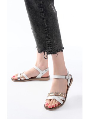 205-015 Beyaz Garni Ortopedik Hakiki Deri Kadın Sandalet