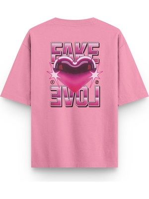 Overoz Fake Love Sırt Baskılı Yarı Oversize Pembe Tshirt 1404