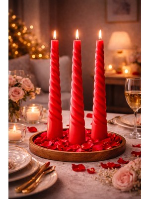 Odesia Premium Spiral Şamdan Mum Seti – El Yapımı Kırmızı Dekoratif Ince Uzun Mum (3’lü Set)